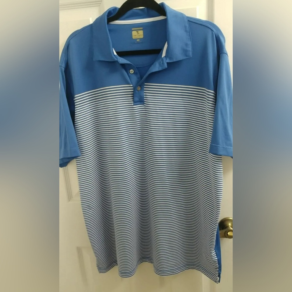 LONE CYPRESS by Pebble Beach Polo Golf Luxury Performance Blue Striped Shirt (L)